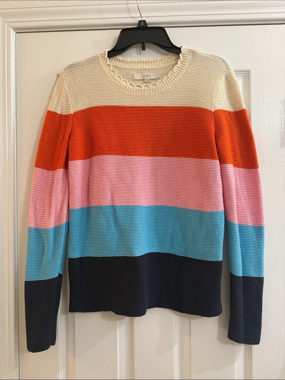 LOFT Striped Crewneck Sweater in Cream, Orange, Pink, Blue, Navy